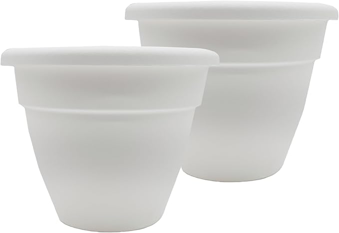 The HC Companies Caribbean Planter Pot - Outdoor & Indoor Plant Pot with Drainage Hole & Plug - Rolled Rim Plastic Pots for Plants & Flowers - Decorative Plant Pot (14" White, Pack of 2)