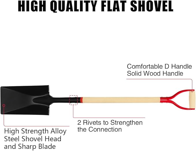 Spade Shovel for Digging, Heavy Duty Spade Shovel with Wooden D-Handle, Square Flat Shovel for Gardening and Edging, 45 Inches