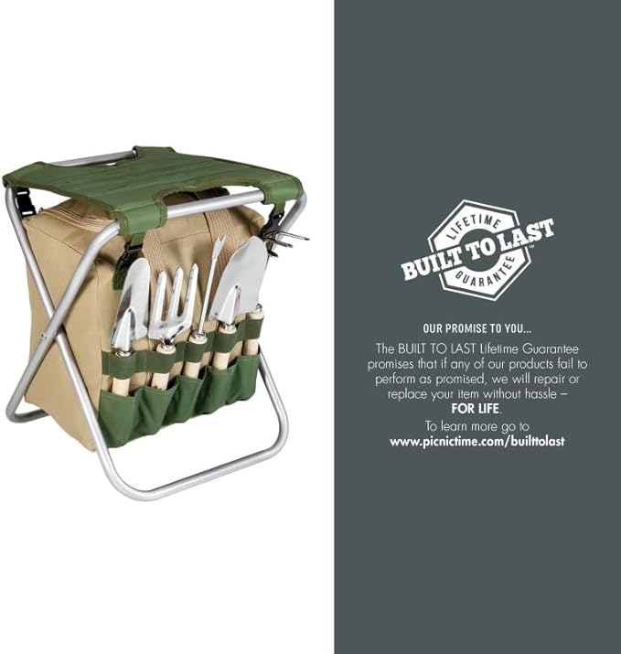 PICNIC TIME Disney Mickey Mouse Gardener 5 Piece Gardening Tools Set with Garden Stool, Gardening Gifts, Garden Tool Set, (Olive Green with Beige Accents)