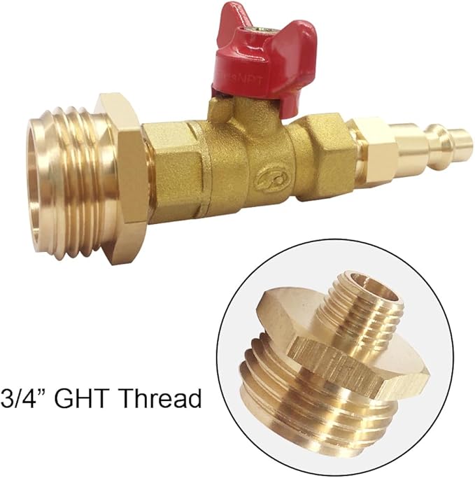 RV Winterize Blowout Ball Valve Adapter with 1/4" Quick Connect Plug and 3/4" GHT Male/Female for Garden Water Hose Boat Camper Trailer Sprinkler Systems Irrigation