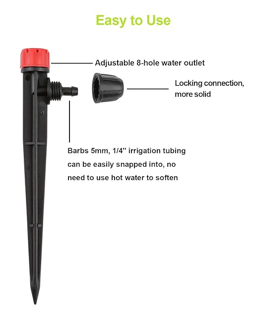 50pcs Drip Irrigation Emitters with Stake, Adjustable 360 Degree Water Flow Lock Barbed Dripper for 1/4" Drip Irrigation Tubing，Garden Irrigation Sprayer for (4-7mm) Watering System