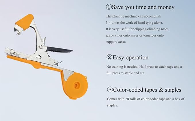 Plant Tying Machine Set Vine Tying Machine for Climbing Plants, Tomato, Tomatoes, Vining Vegetables, Flower Planting,Cucumber, 10000pcs Staples 20 Rolls (Orange)