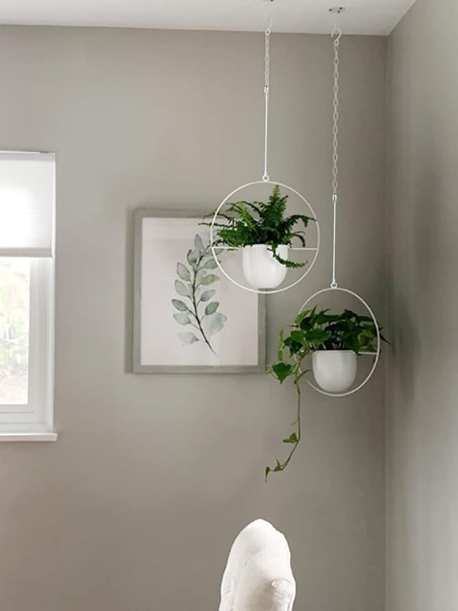 2 Pack Hanging Planters for Indoor Outdoor Plants Modern Metal Plant Hangers Wall and Ceiling Hanging Plants Baskets Mid Century Minimalist Flower Pots Home Decor, White