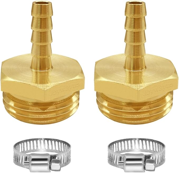 Joywayus 2Pcs 1/4" Barb x 3/4" Male GHT Thread Hex Brass Garden Water Hose Pipe Connector Copper Fitting with Stainless Clamp House/Boat/Lawn/Power Wash/Irrigation