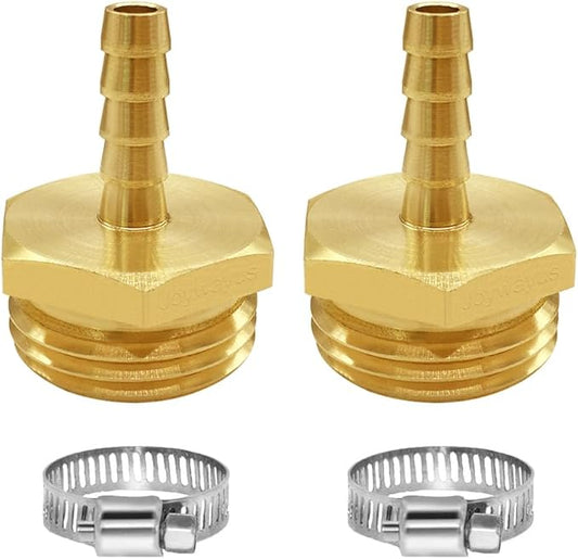 Joywayus 2Pcs 1/4" Barb x 3/4" Male GHT Thread Hex Brass Garden Water Hose Pipe Connector Copper Fitting with Stainless Clamp House/Boat/Lawn/Power Wash/Irrigation