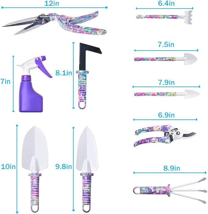 Gardening Tools Set, Unique Gardening Gifts for Women, Gardening Hand Tools with Purple Carrying Case, Gardening Kit for Home Gardening Flowers Potted Trim Loosing Planting Tools (10purple)