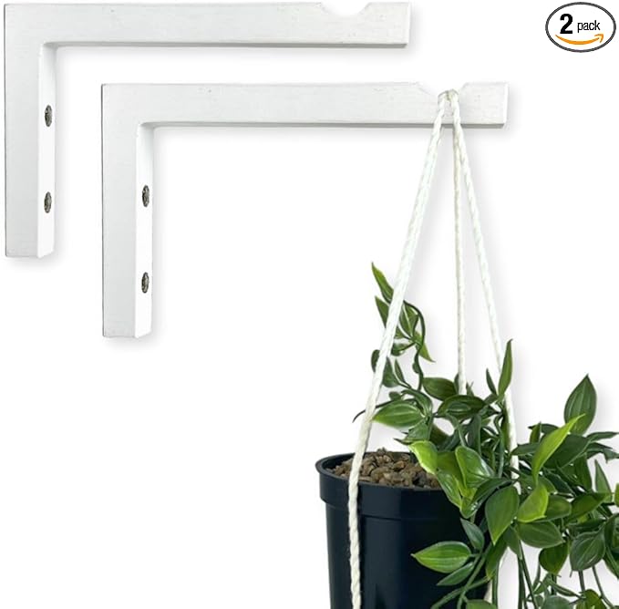 2-Piece Set of Plant Hooks for Wall 6 Inch - L-Shaped Mounted Wooden Plant Hook - Indoor and Outdoor Bracket Plant Hanger for Planters, Lanterns, Bird Feeders and Plant Basket (White)