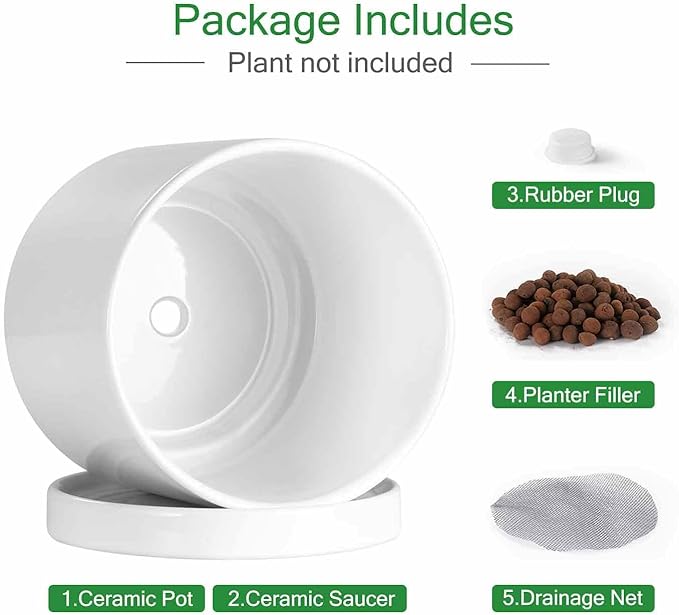 Aveyas 10 inch Ceramic Plant Pot with Drainage Hole and Saucer - Suitable for Indoor and Outdoor Use, Modern Planters for House Garden Flower Tree Snake Monstera Plants (10", Glossy White)