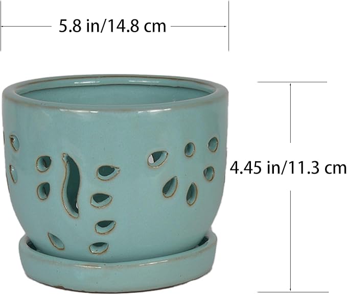 W&W Orchid Pot with Holes and Saucer for Repotting, Turquoise, 5.8 Inches