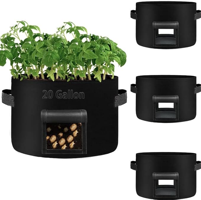 4 Pack 20 Gallon Grow Bags Heavy Dduty Nonwoven Potato Grow Bag with 2 Sturdy Handles&2 Windows,Thickened Plant Grow Bag for Potato,Tomato,Flowers,Vegetable Plants