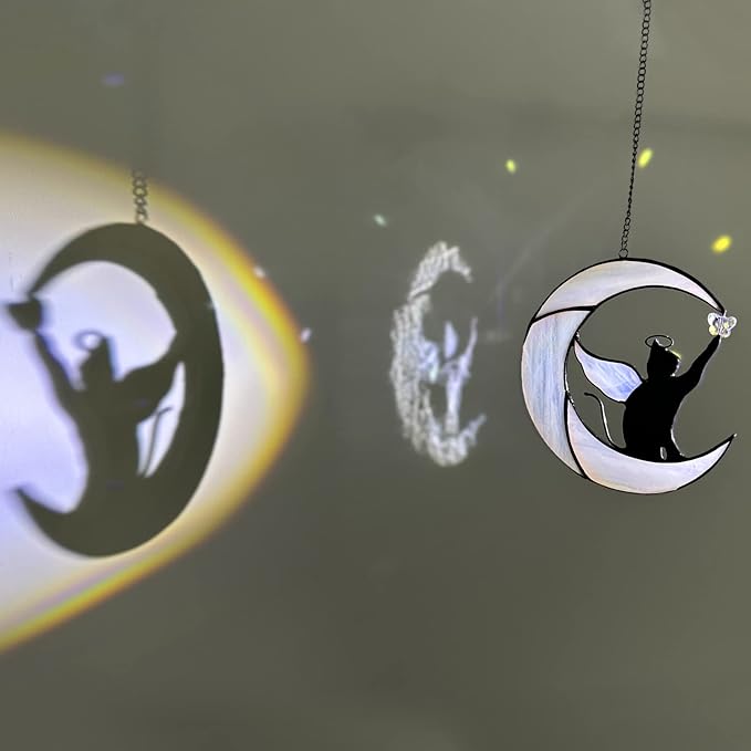 Stained Glass Suncatcher: Angel-Winged Cat Catching Butterfly on Moon - Memorial Gift for Cat Loss