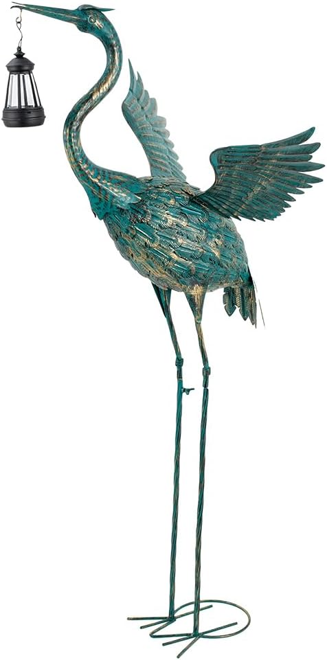 DREAMSOUL 40.5" Heron Garden Statues Large Metal Crane Outdoor Statues Standing Solar Bird Statue for Patio Pool Lawn Decoration