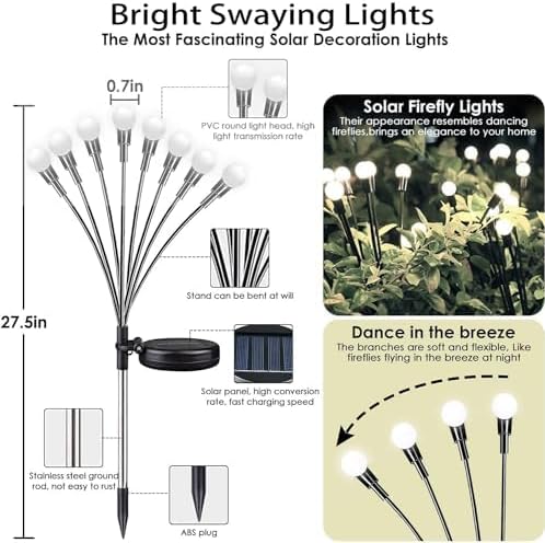 OZS 8Pack 64LED Solar Garden Lights - Solar Lights Outdoor, Solar Firefly Lights, Solar Swaying Light, Sway by Wind, Solar Fairy Lights Waterproof for Garden Patio Pathway Decoration(Cool White)