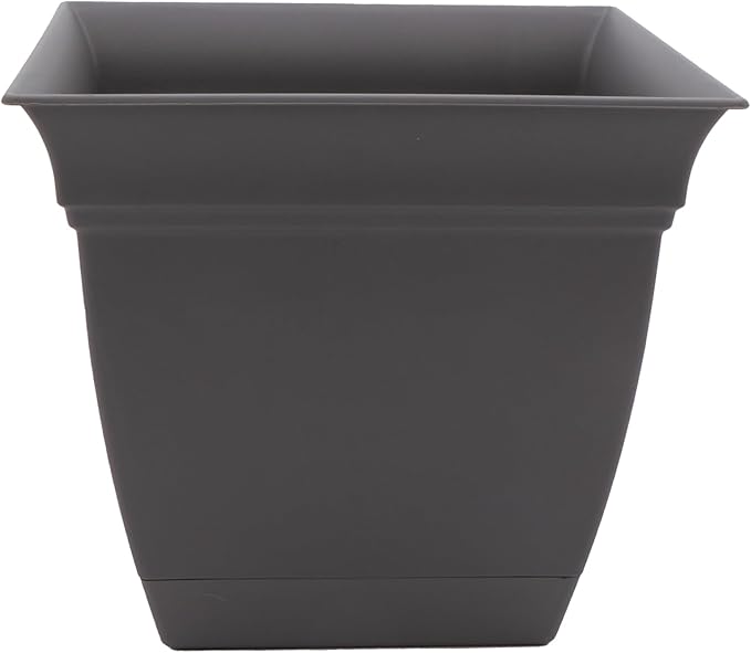 The HC Companies 6 Inch Eclipse Square Planter with Saucer - Indoor Outdoor Plant Pot for Flowers, Vegetables, and Herbs, Warm Gray