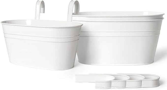 Dahey Metal Iron Hanging Flower Pots for Railing Fence Outdoor Planter Hanging Bucket Pots Countryside Style Window Flower Plant Holder with Detachable Hooks Home Decor,White,3 Pcs