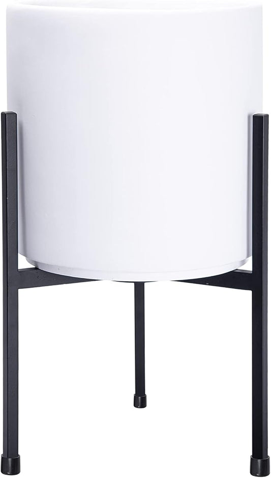 D'vine Dev Modern White Plants Pot Cylinder Planter with Heavy Duty Stand, Small 8 Inch Pot, 15 Inch with Stand Height, 96-T-A-1