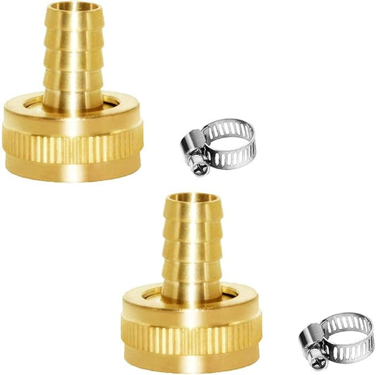 Joywayus 3/8" Barb x 3/4" Female GHT Thread Swivel Brass Garden Water Hose Pipe Connector Copper Fitting with Stainless Clamps House/Boat/Lawn/Power Wash/Irrigation (Pack of 2)