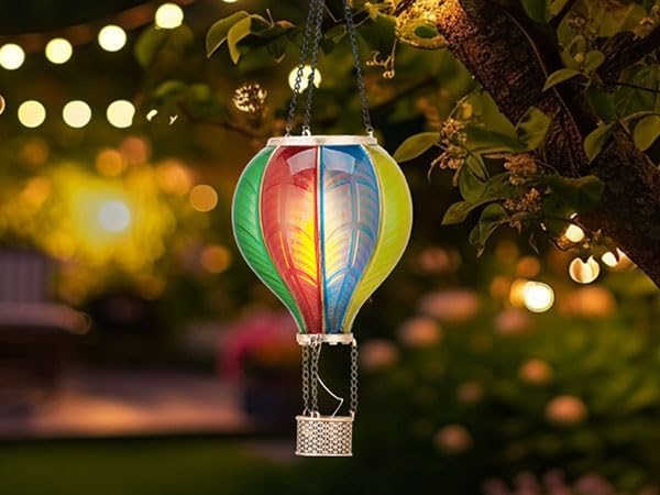 TERESA'S COLLECTIONS Hot Air Balloon Solar Lantern for Garden Decor ,Flickering Flame Hanging Solar Light for Outdoor ,Colorful Plastic Lamp for Yard Tree Gift for Mom