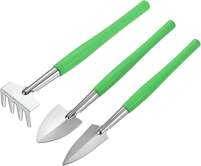 MECCANIXITY Gardening Tools 3 Pack Iron Spade Rake Transplanting Plants Care Digging Kits, Green