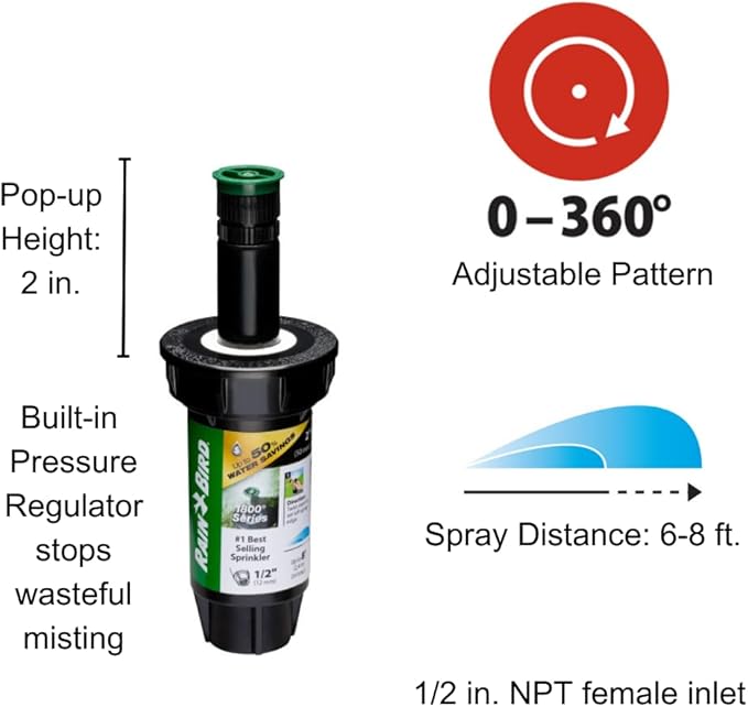 Rain Bird 1802AP8PRS Pressure Regulating (PRS) Professional Pop-Up Sprinkler, Adjustable 0 - 360° Pattern, 6' - 8' Spray Distance, 2" Pop-up Height