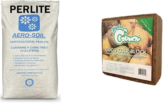 AeroSoil Perlite Horticultural Soil Additive – Potting Soil for Plants – Seed Starter - Coarse 4 CF & Hydro Crunch CB801 Coco Coir 2.5 Cubic Ft Block of Soiless Growing Media, Brown