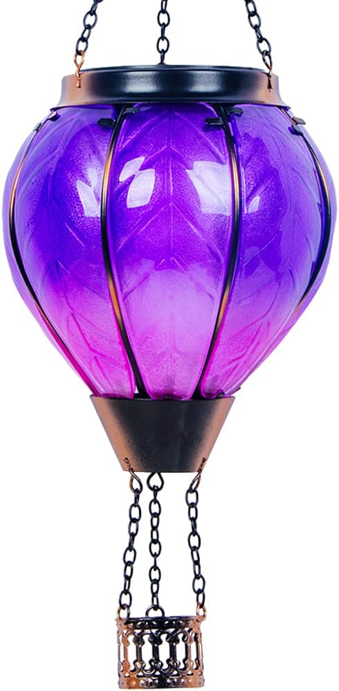 Starsoul Purple Hot Air Balloon Solar Lantern with Flickering Flame Light Glass Solar Powered Hot Air Balloon Lamp Waterproof Hanging Hot Air Balloon Led Lights