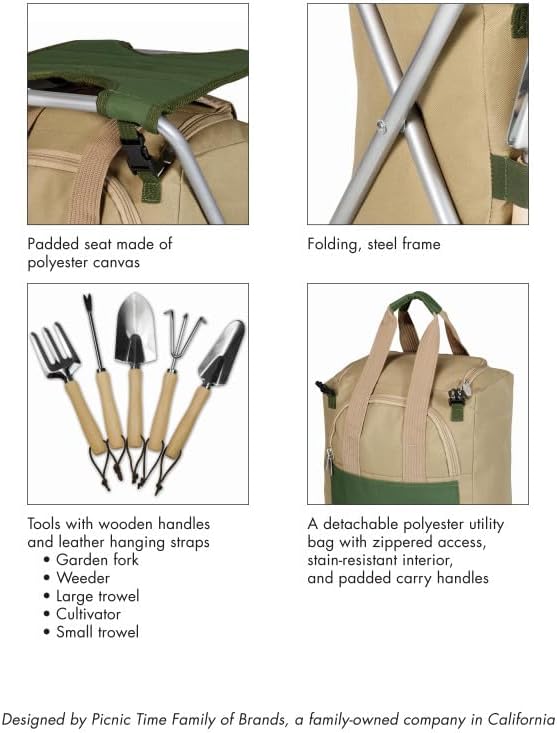 PICNIC TIME Disney Mickey Mouse Gardener 5 Piece Gardening Tools Set with Garden Stool, Gardening Gifts, Garden Tool Set, (Olive Green with Beige Accents)