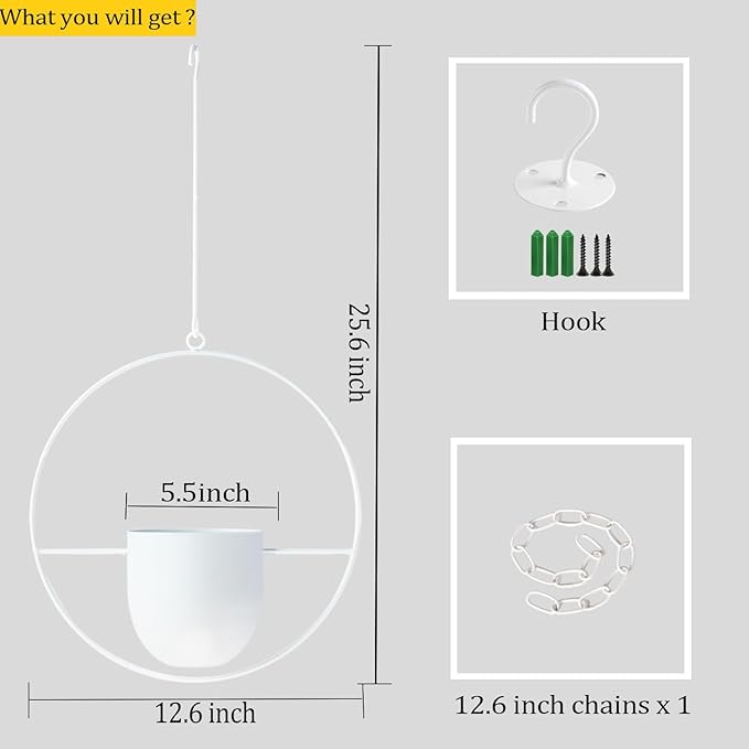 Hanging Planter Indoor Modern Boho Plant Pot Metal Wall and Ceiling Plant Holder Mid Century Minimalist Flower Pot for Hanging Plants, White