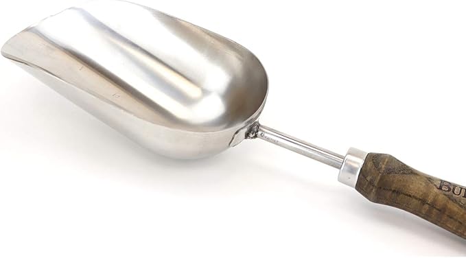 Burpee 15" Stainless Steel Soil Scoop | Durable Long Lasting Garden Tool | Leather Wrist Strap 5" Handle, Walnut