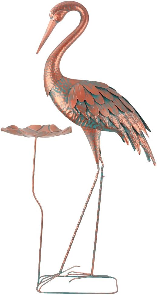 42'' Crane Garden Statue, Heron Outdoor Statue & Sculpture with Lotus Leaf, Metal Heron Yard Art Decor for Garden, Yard, Lawn, Pond (Brown & Blue)