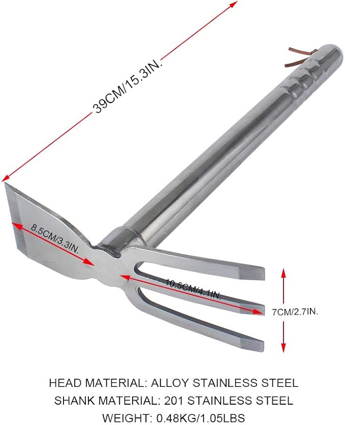 LUBAN Stainless Steel Garden Hoe Rake Hand Tool, 15" Metal Hand Hoe & 3 Prong Cultivator Dual Headed Gardening Tool for Weeding, Digging, Seeding Multipurpose