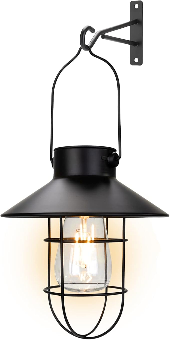 pearlstar Solar Lanterns Outdoor Metal Solar Powered Hanging Lights Waterproof for Wall Yard Garden Patio Garage Balcony Porch Fence Decor, Warm White Edison Bulb,with Wall Mount Kit（Black-1pack）