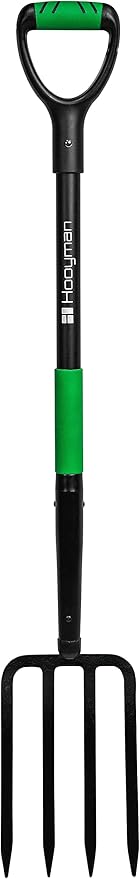 Hooyman Short Handle Digging Fork with Heavy Duty Carbon Steel Construction, Ergonomic No-Slip H-Grip Handles for Gardening, Land Management, Yardwork, Farming, and Outdoors