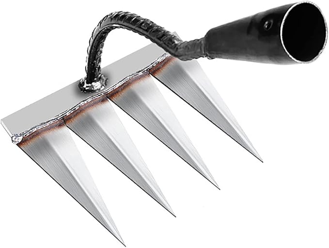 Iron Rake for Gardening and Weeding - Heavy Duty Garden Tool, Carbon Steel Hand Rake for Sturdy Dethatching, Heavy Duty Rake 4 Toothed Steel (Without Stick)
