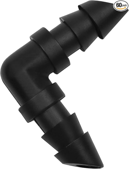 60 Pack Drip Irrigation 1/4" Barbed Elbow Fittings, Barbed Connectors for 1/4 Inch Irrigation Tubing Drip Line 90 Degree Elbow for Drip Sprinkler Garden Shrubs Systems
