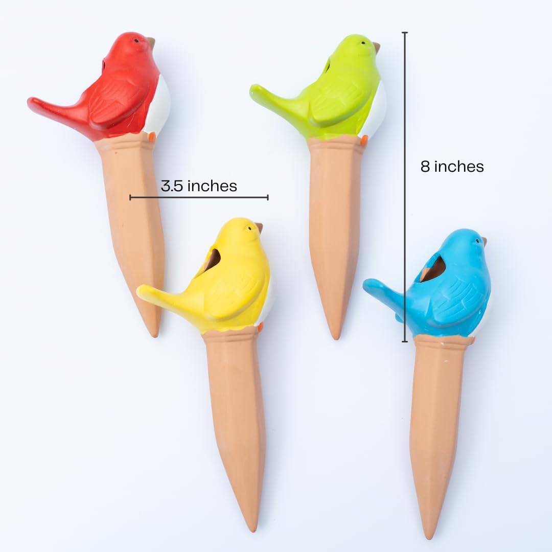Plant Watering Devices, Plant Waterer Self Watering Terracotta Bird Spikes Automatically Water Indoor and Outdoor Plants While On Vacation (4pc) Plus Free Moisture and pH Sensor
