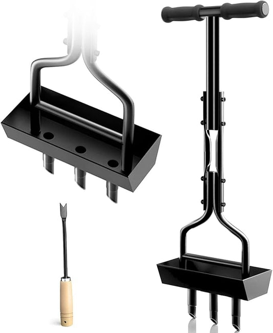 Lawn Aerator Coring Garden Tool with Soil Core Storage Tray, Manual Yard Plug Aerators & Clean Tool, Grass Aeration Gardening Tools with 3 Tines for Lawn Care, Compacted Soil, 37.6”