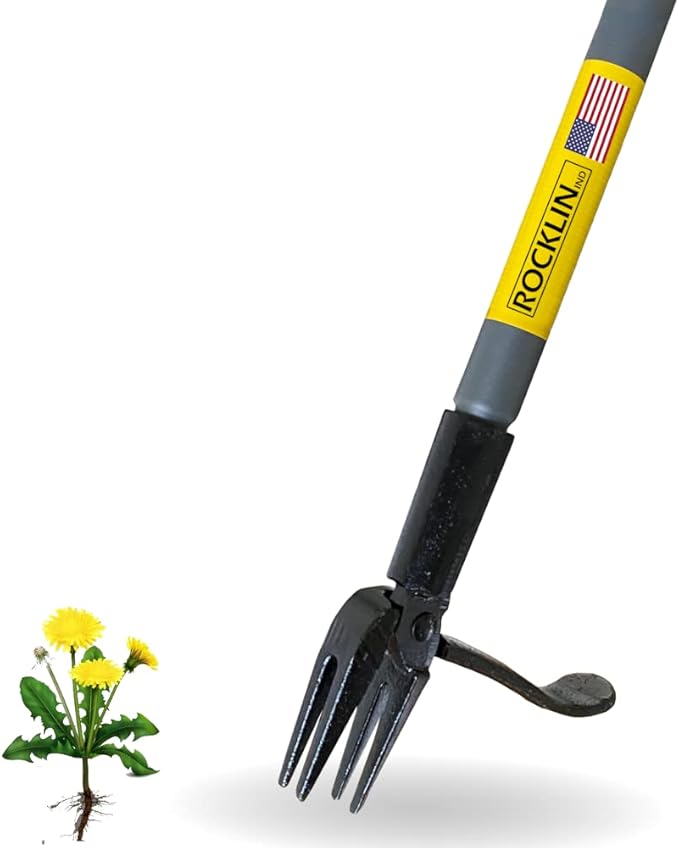Rocklin Stand Up Weed Puller Tool - 4 Claw Steel Head - 48 inch Handle - 100% Metal - Easily Remove Weeds Without Bending or Kneeling