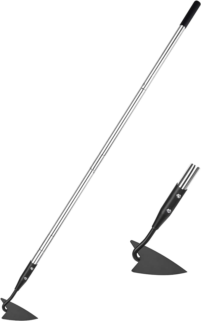 Warren Hoe, Carbon Steel Triangle Garden Hoe with Stainless Steel 57" Adjustable Long Handle, Heavy Duty Gardening Hand Tools Hoe for Ridging Weeding Digging Loosening Edging Soil