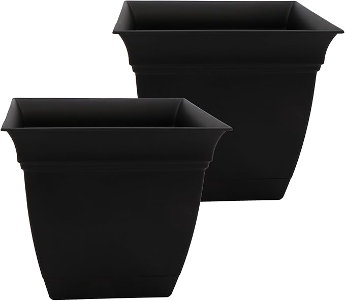 The HC Companies 12 Inch Eclipse Square Planter with Saucer – Indoor Outdoor Plant Pot for Flowers Vegetables Herbs, Black (Pack of 2)