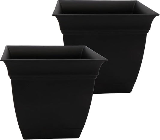 The HC Companies 12 Inch Eclipse Square Planter with Saucer – Indoor Outdoor Plant Pot for Flowers Vegetables Herbs, Black (Pack of 2)
