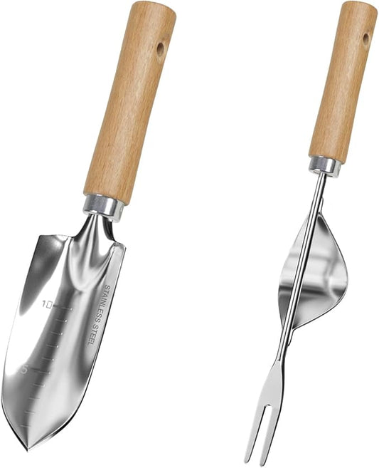 LeMotech Garden Tool Set, 2Pcs Gardening Hand Tools, Stainless Steel Transplant Shovel and Weeder with Beech Handle, Outdoor Gardening Kit for Women Men