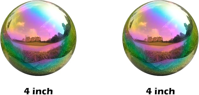 Nerien Gazing Ball, 3.9" Stainless Steel Garden Mirror Globe, Polished Ornament Sphere, Hollow Floating Reflective Hemisphere, Home Outdoor Pond Housewarming Swimming Pool Decoration, Rainbow, 2pcs