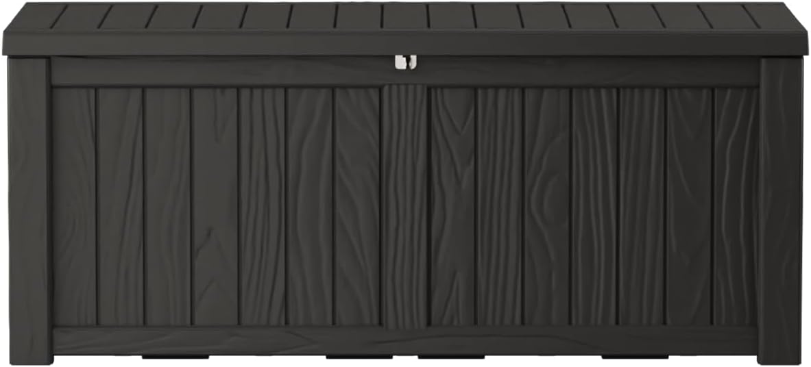 150 Gallon Lockable Resin Deck Box, Waterproof & UV-Resistant Outdoor Storage Box for Outdoor Cushion Storage, Garden Tools & Pool Accessories Storage, Black
