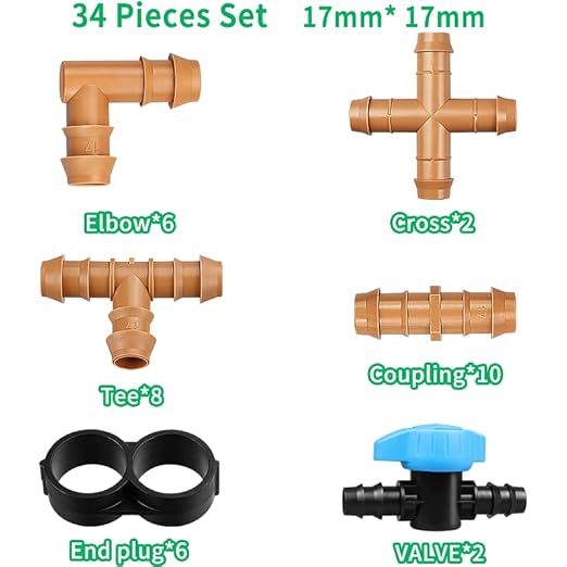 JAYEE 34 Pieces Drip Irrigation Fittings Kit (17mm) for 1/2" Tubing (.600" ID), 10 Couplings, 8 Tees, 2 Cross, 2 Valve, 6 Elbows and 6 Tubing End Closure - Barded Connectors for Sprinkler Systems