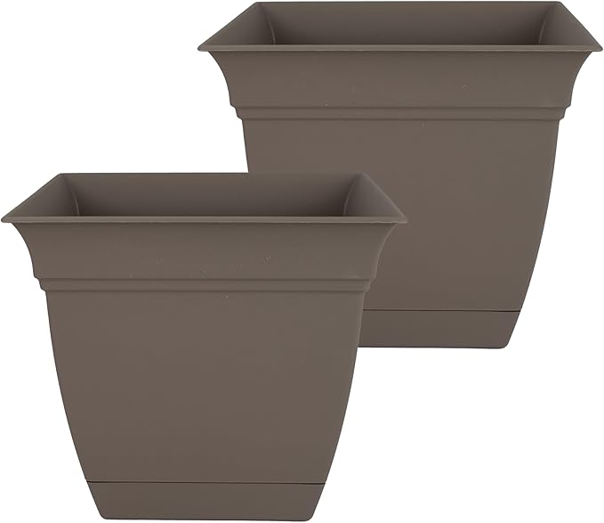 The HC Companies 12 Inch Eclipse Square Planter with Saucer – Indoor Outdoor Plant Pot for Flowers Vegetables Herbs, Cappuccino (Pack of 2)