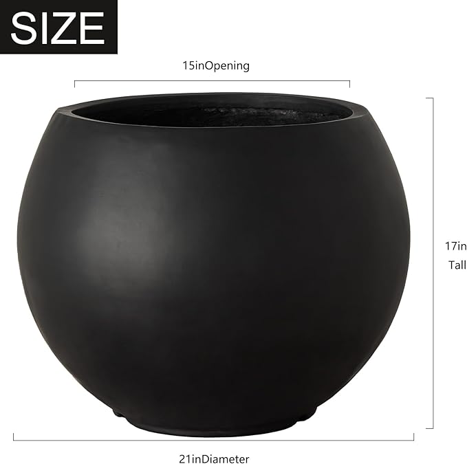 17 H x 21" Dia (15" Pot Opening) Black Round Fiberstone Tall Planter with Drainage Hole, Indoor/Outdoor Large Plant