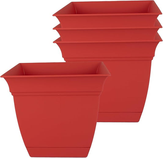 The HC Companies 8 Inch Eclipse Square Planter with Saucer – Indoor Outdoor Plant Pot for Flowers Vegetables Herbs, Red (Pack of 4)