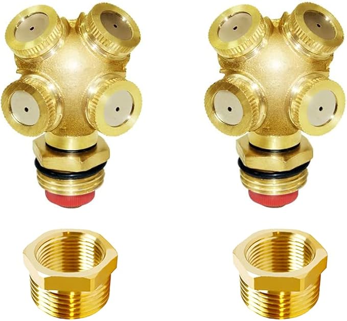 Joywayus Brass Misting Spray Nozzle 3/4" GHT Male 4-Holes Garden Sprinklers Irrigation Connector Water Sprinklers Mister Heads Fitting with Filter Mesh (Pack of 2)
