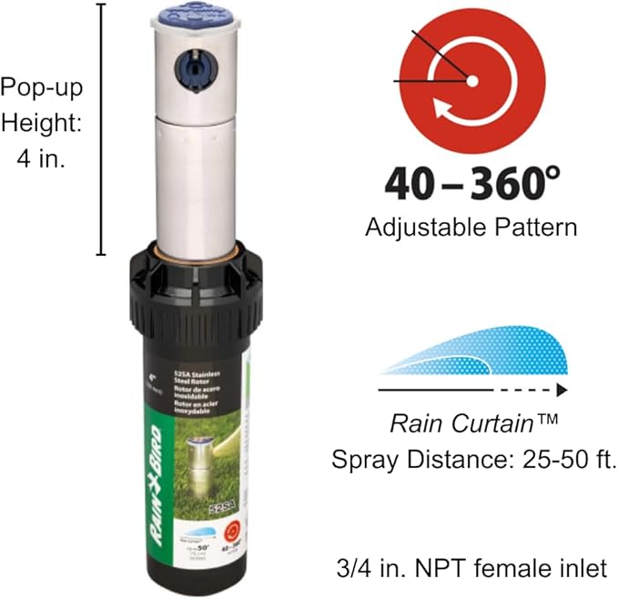 Rain Bird 52SA Simple Adjust Stainless-Steel Gear Drive Rotor, Adjustable 40° - 360° Pattern, 25' - 50' Spray Distance